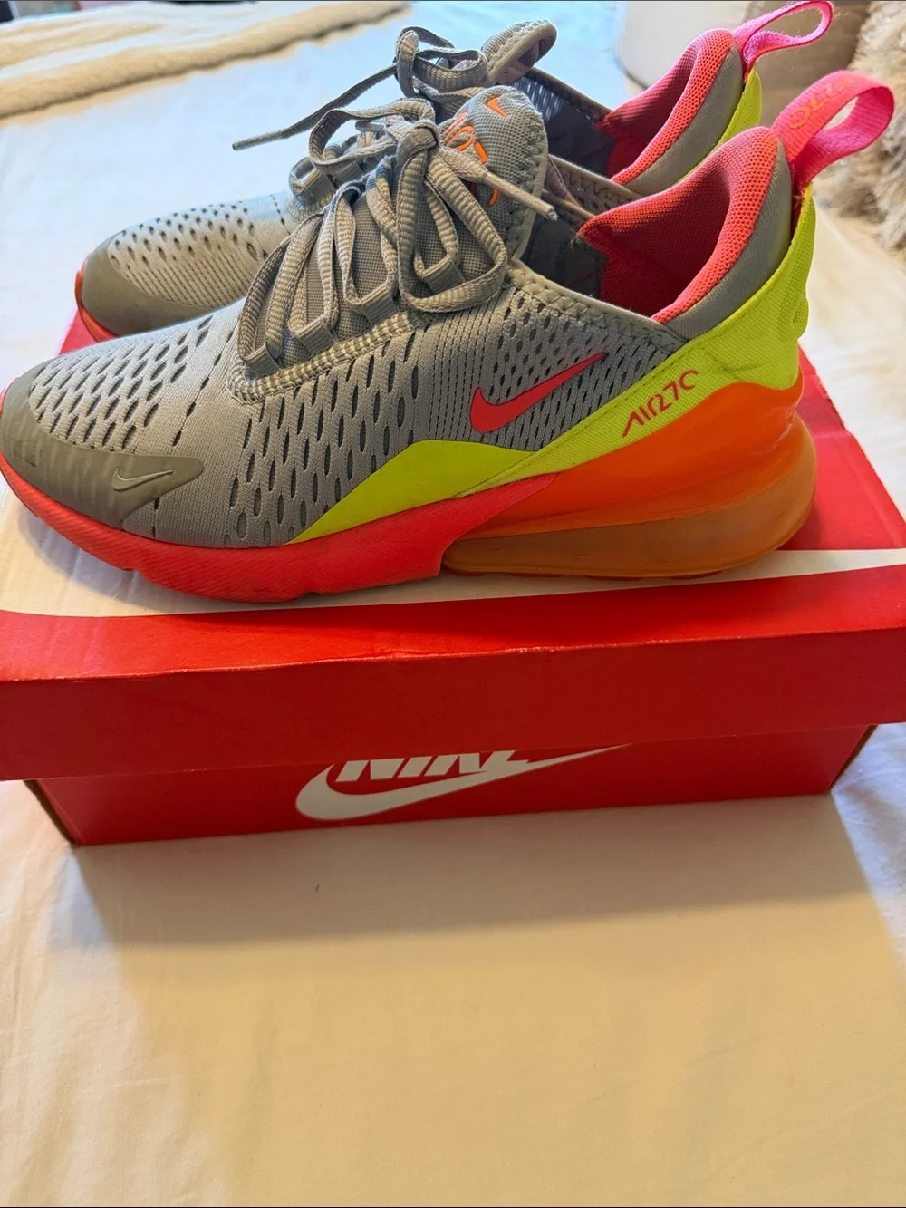 Nike Air Max 270 Men’s Grey with Neon Yellow and Bright Orange Accents